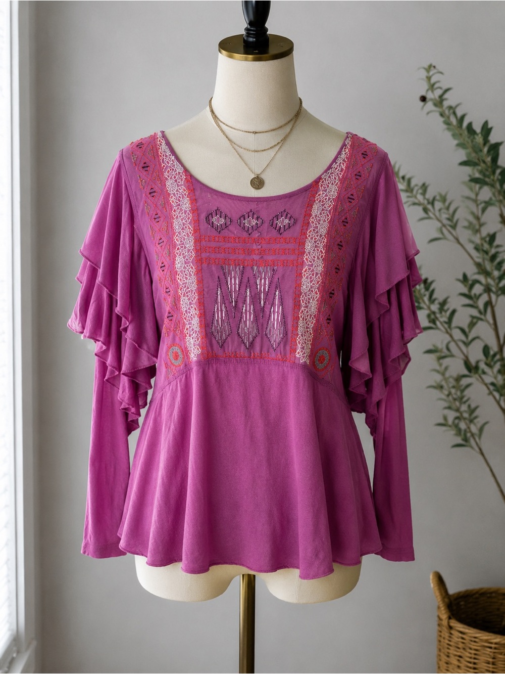 Free People La Cienega Embroidered Ruffle Sleeve Blouse